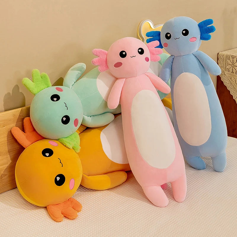 Set of colorful kawaii plush toys on a bed