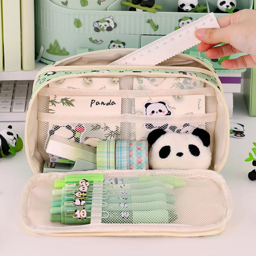 Panda-themed stationery set with a kawaii pencil case, ruler, and tape in a panda design.