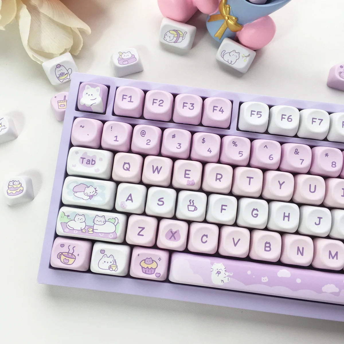 Keyboard with Kawaii keycaps on a light background