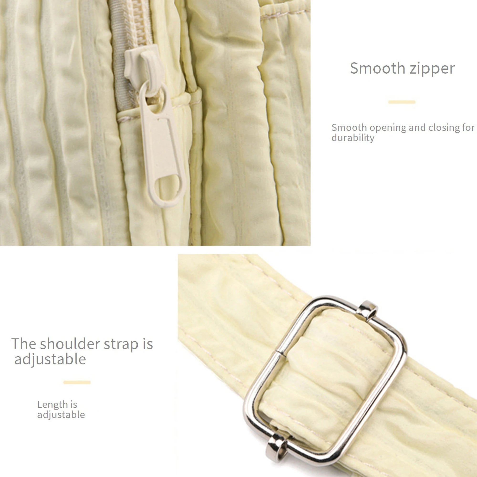 Close-up of a beige Kawaii-inspired bag with a zipper and adjustable shoulder strap on a white background.
