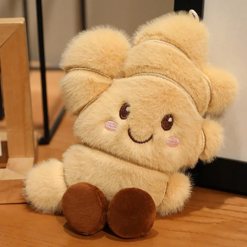Plush toy resembling a kawaii cartoon character with a happy expression on a wooden surface.