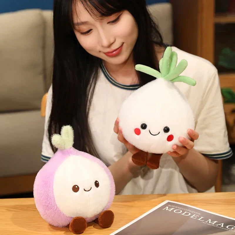 Woman holding two cute kawaii plush toys resembling turnips on a wooden table.