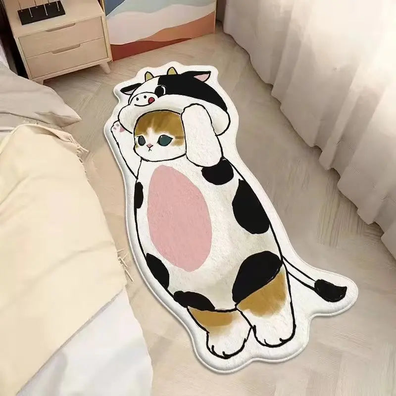 Cartoon kawaii cow-shaped rug on a bed