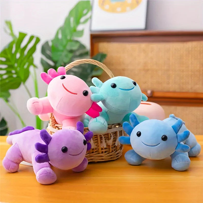 Colorful axolotl kawaii plush toys in a basket on a wooden surface with a plant in the background.