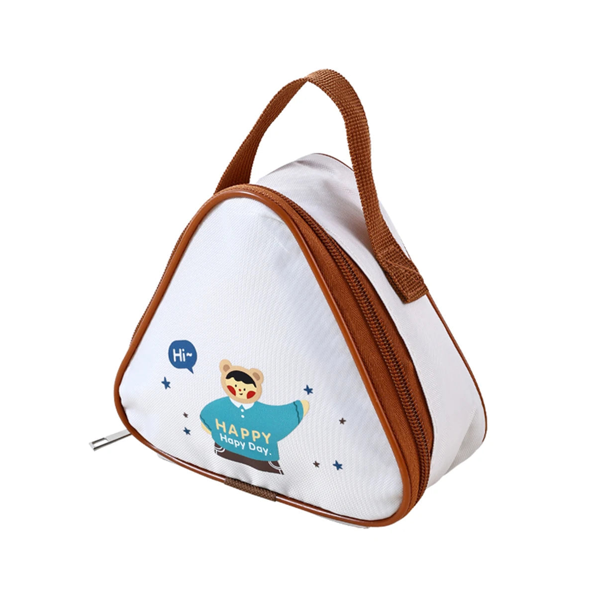 White triangular pouch with brown handle and kawaii cartoon character, shown with dimensions on a white background.