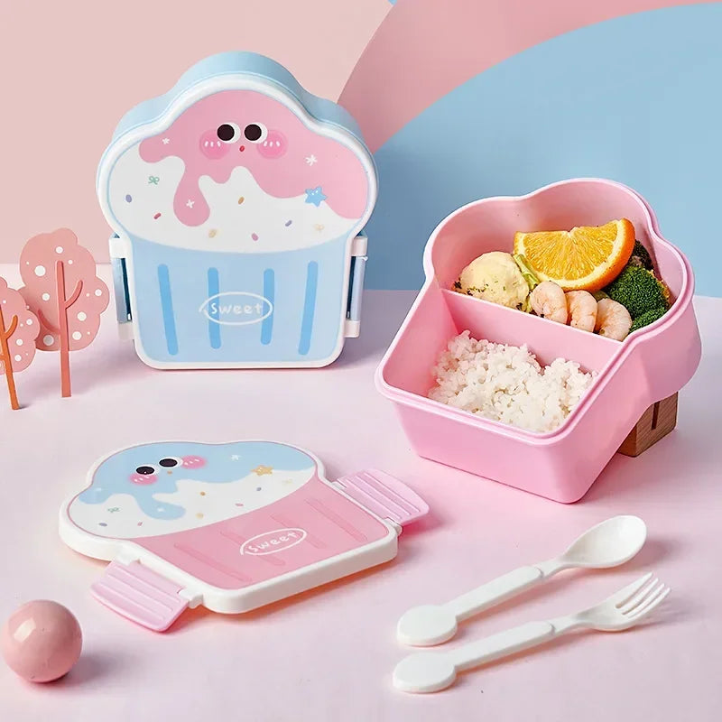 Set of kawaii cartoon-themed bento boxes with food and utensils on a pink background