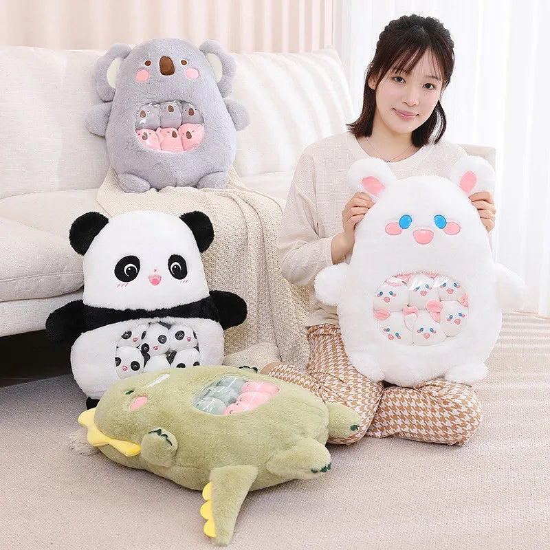 Woman holding a kawaii plush toy with other plush toys on a couch