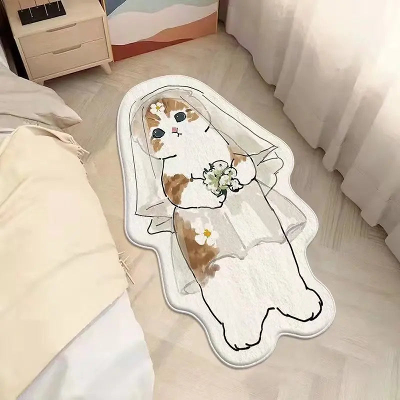 Decorative rug with a kawaii cartoon cat bride design on a bed.
