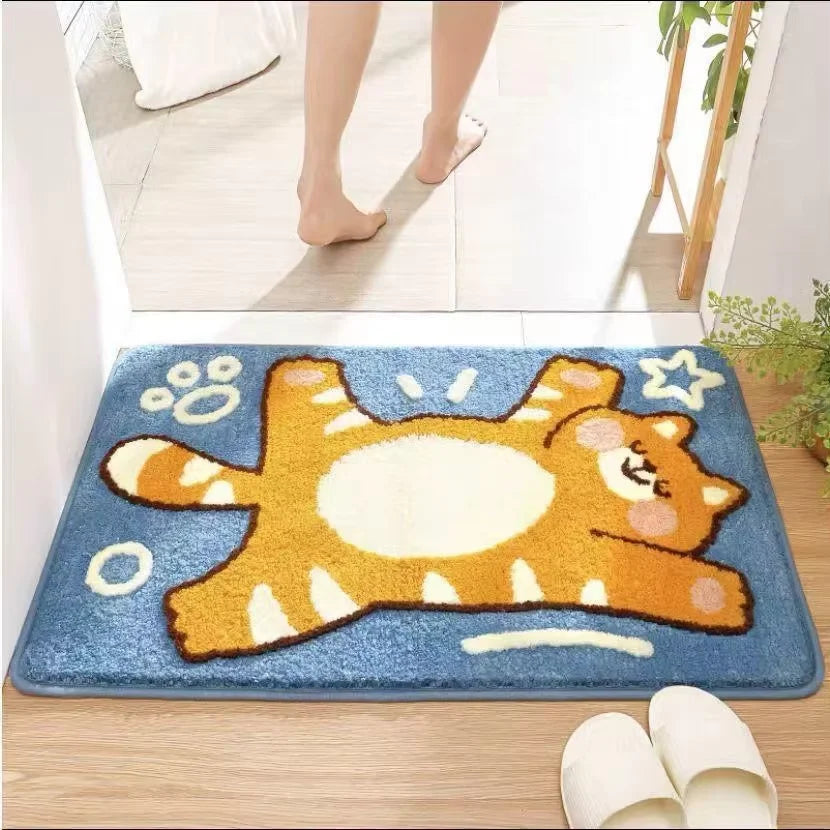 Children's rug with a Kawaii cartoon cat design on a wooden floor.