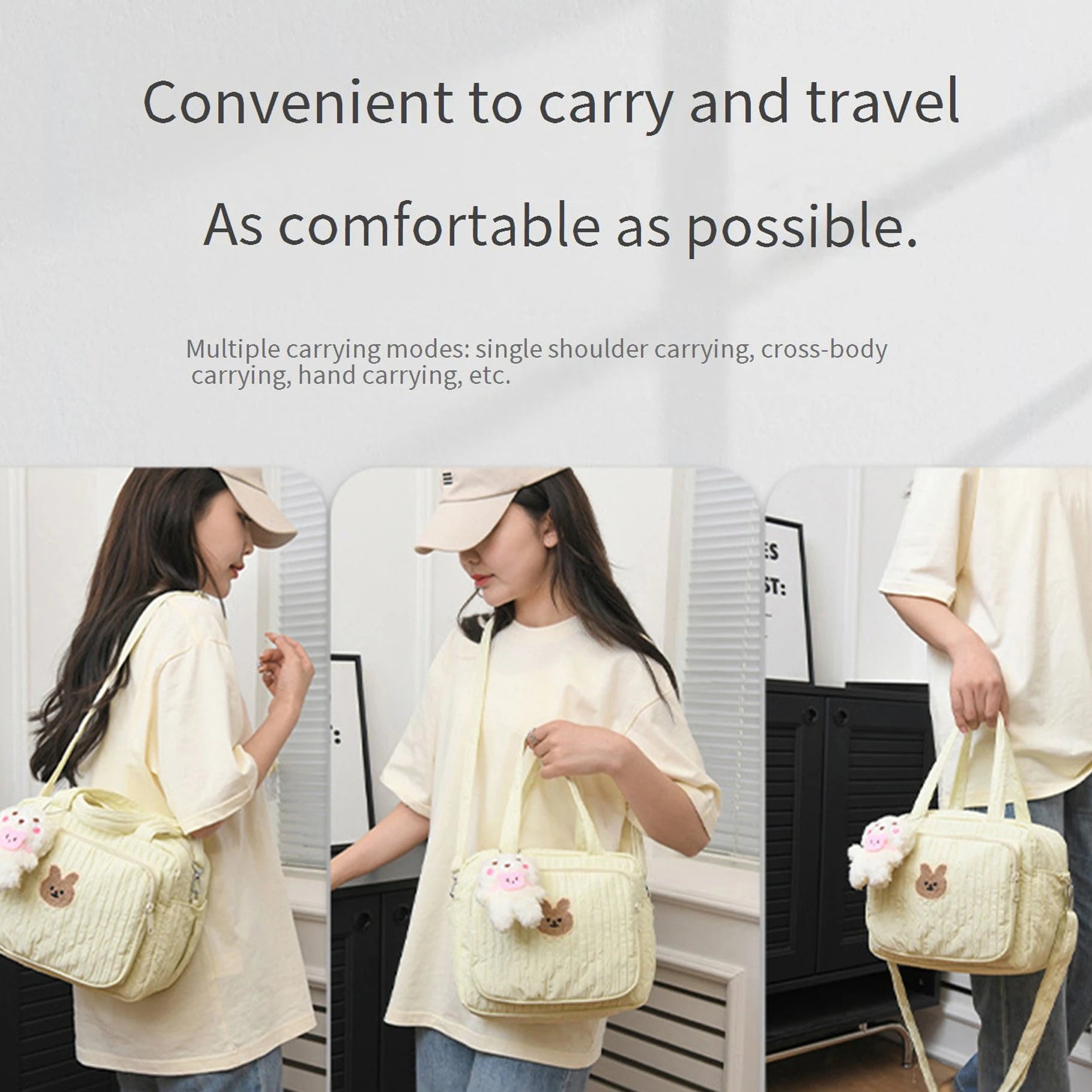 Woman using a yellow handbag with a Kawaii bear design in various settings.