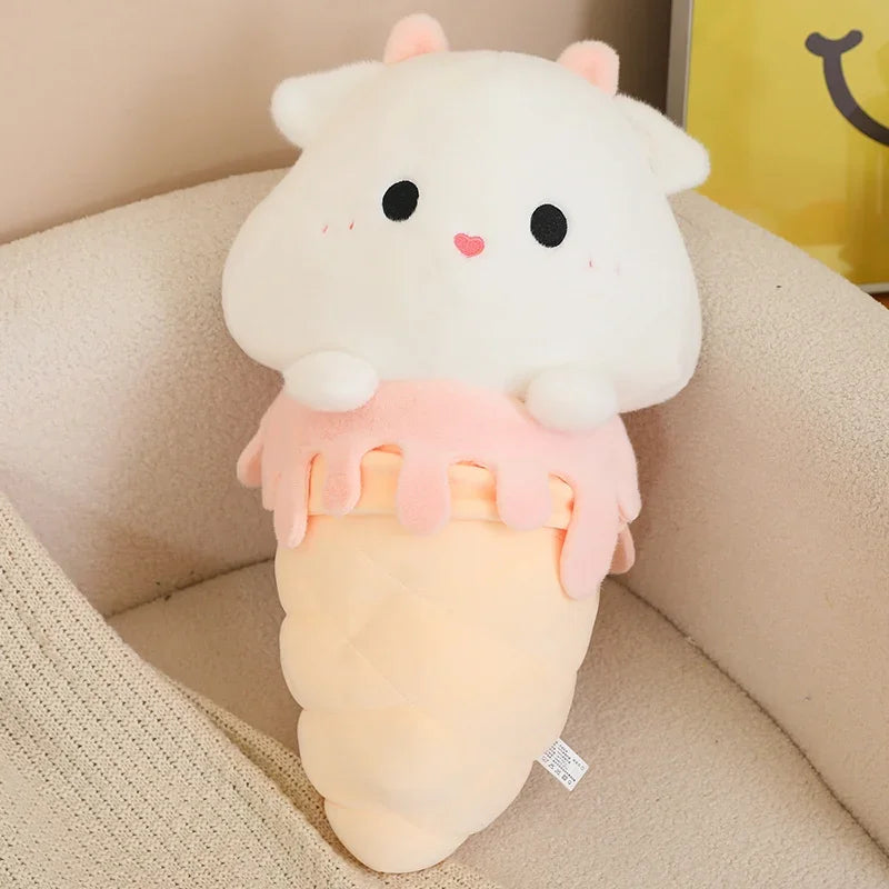 Kawaii plush toy shaped like a ice cream cone with a face on a beige couch.