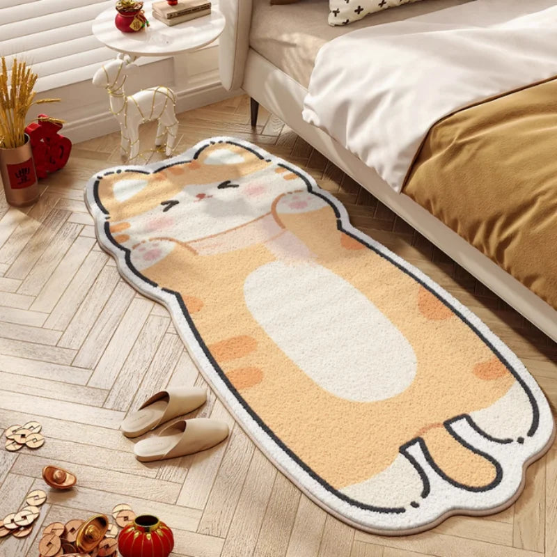 Kawaii cat-shaped rug on a wooden floor in a bedroom setting