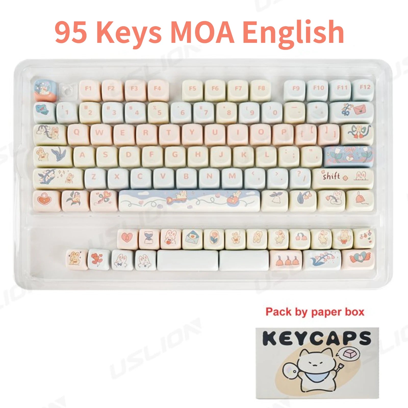 Kawaii keyboard keycaps set with packaging on a white background