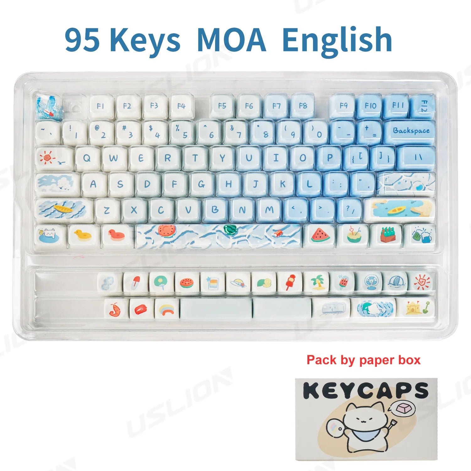Kawaii keyboard with cartoon keycaps on a white background