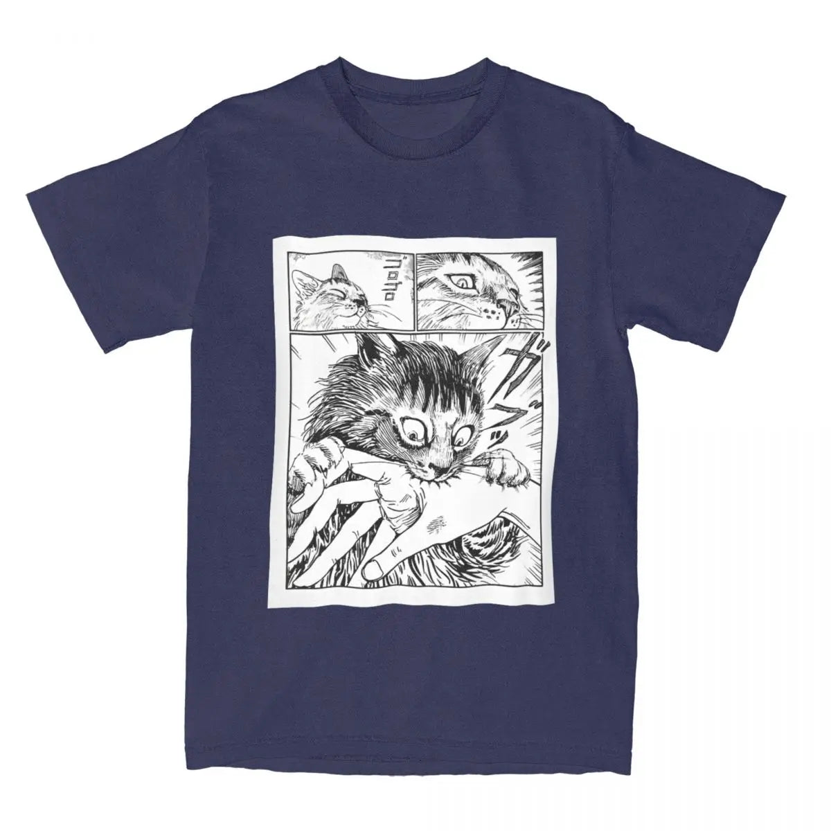 Navy blue t-shirt with a black and white kawaii cat illustration on a white background