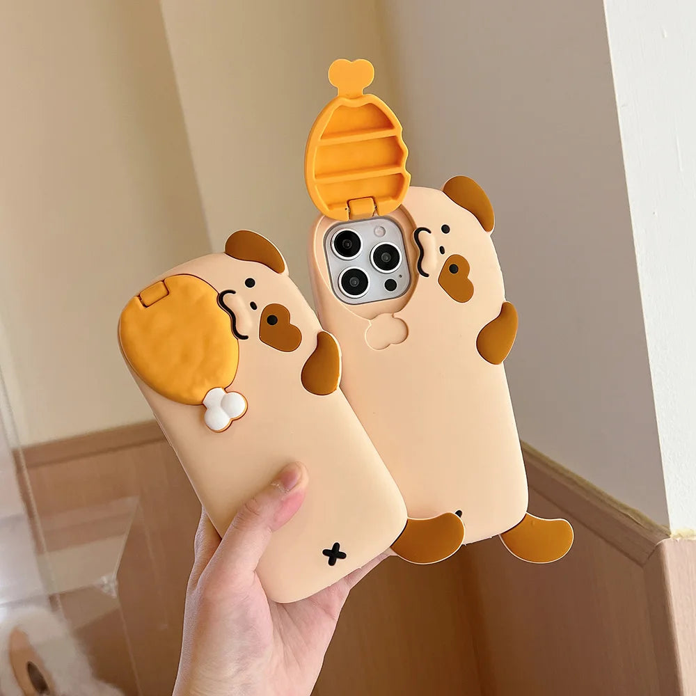 Two kawaii cartoon-style phone cases with a dog design held by a hand against a neutral background.