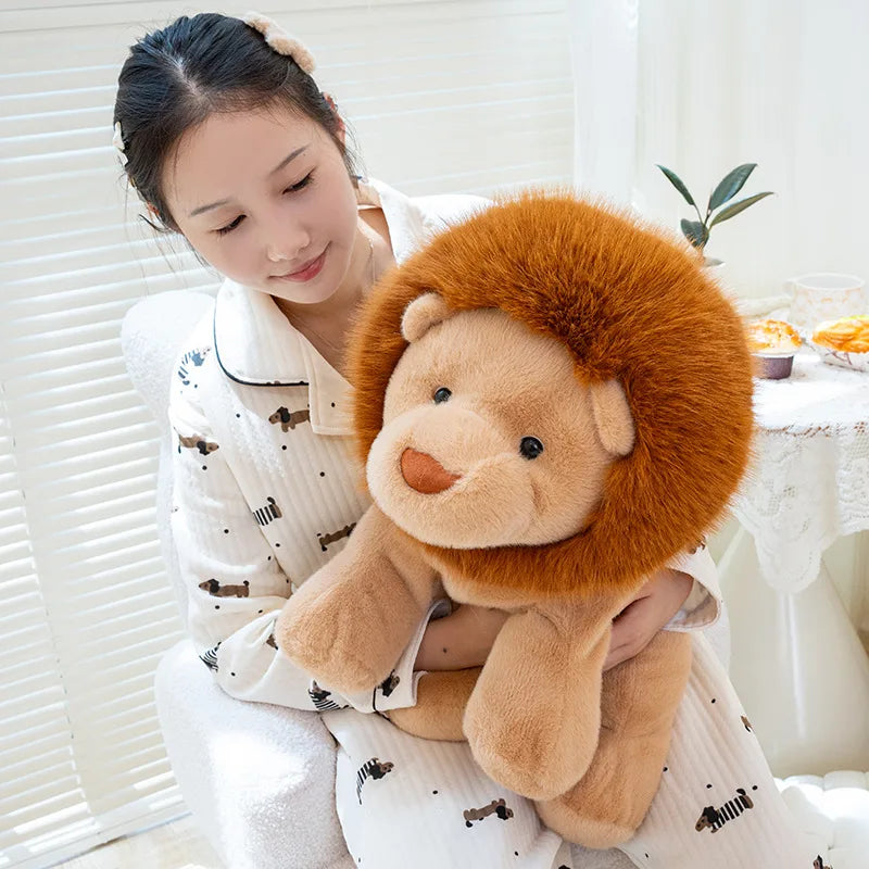 Woman holding a kawaii plush lion toy in a bright room