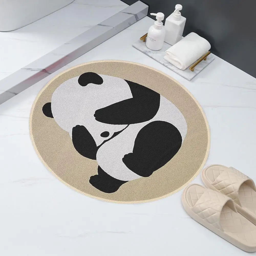 Round bath mat with kawaii panda design on a bathroom floor