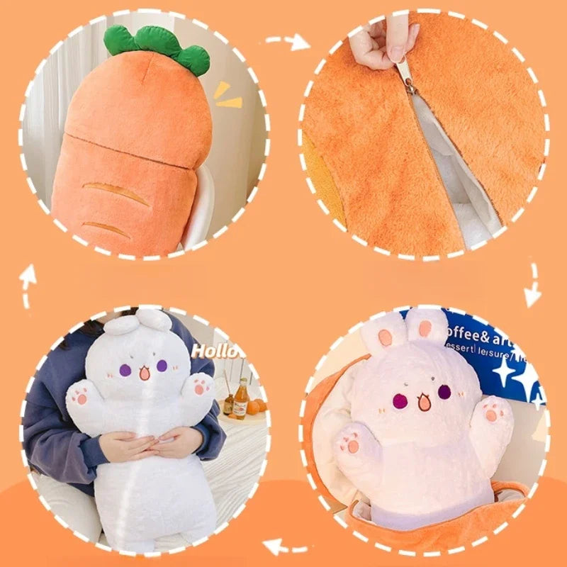 Collage of plush kawaii toys including a carrot-shaped item, a white creature with pink accents, and a person holding a similar plush toy on an orange background.
