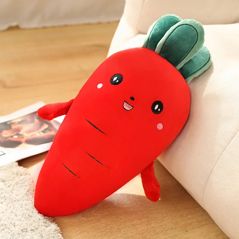 Kawaii plush carrot toy with a smiling face on a wooden floor.
