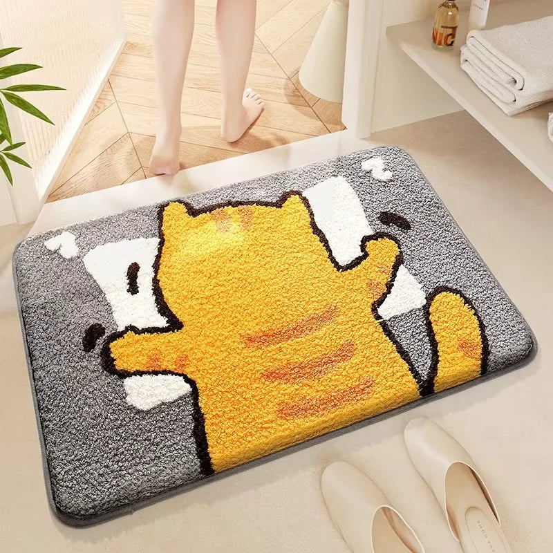 Doormat with Kawaii cartoon character on a floor in a home setting
