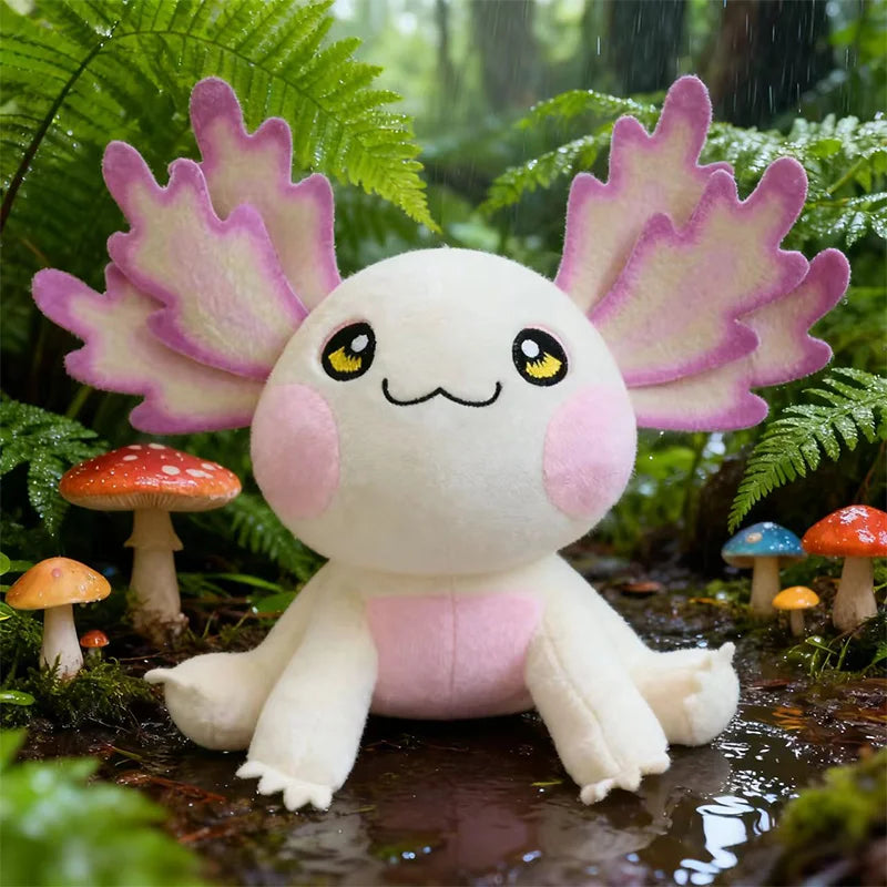 Plush kawaii toy axolotl with pink wings in a forest setting with mushrooms and ferns.