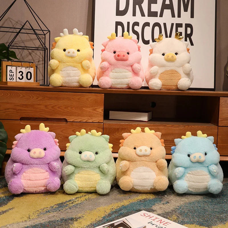 Set of colorful kawaii plush toys on a shelf with a 'Dream Discover' poster in the background.