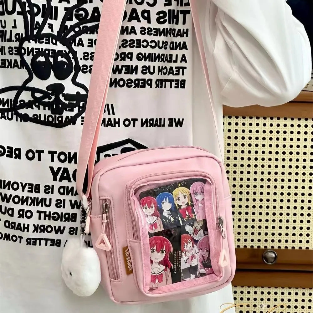 Pink Kawaii crossbody bag with anime character design on a white background