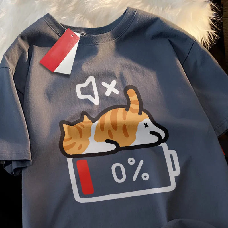 Gray t-shirt with a kawaii graphic of two cats and a battery symbol on a white background