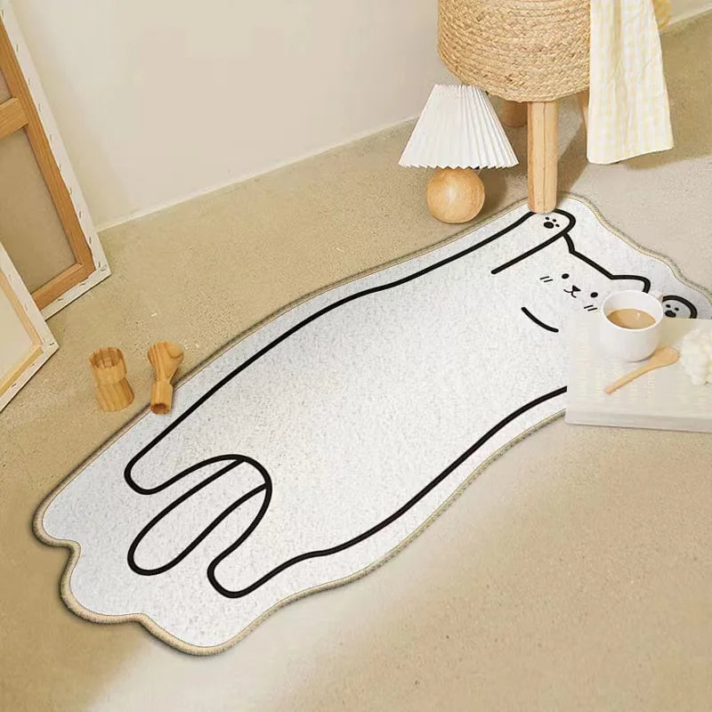 Decorative kawaii rug with a cat design on a beige floor.