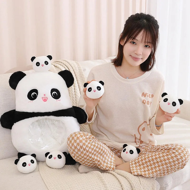 Woman sitting on a couch holding various panda-shaped kawaii plush toys.