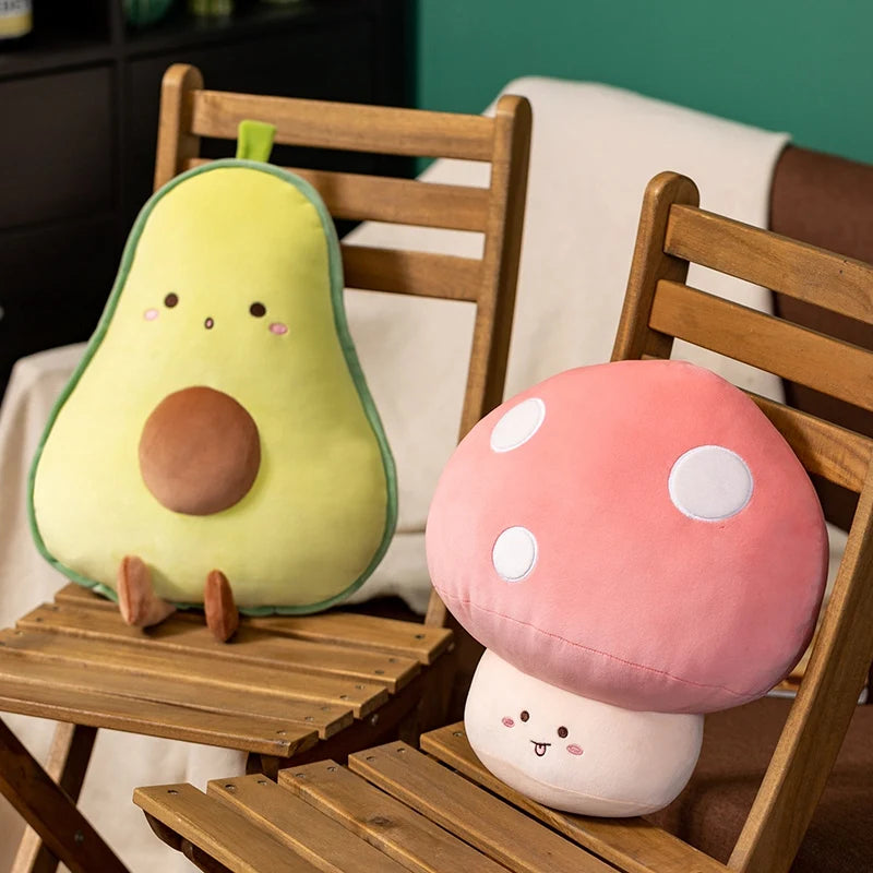 Avocado and mushroom kawaii plush toys on wooden chairs with a blurred background