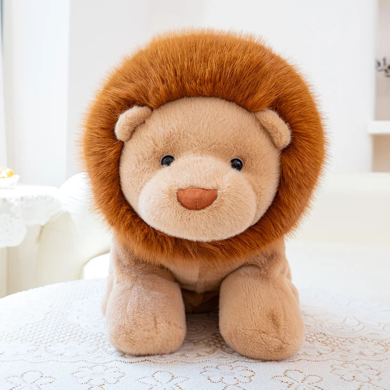 Kawaii plush lion toy on a white surface with a blurred background