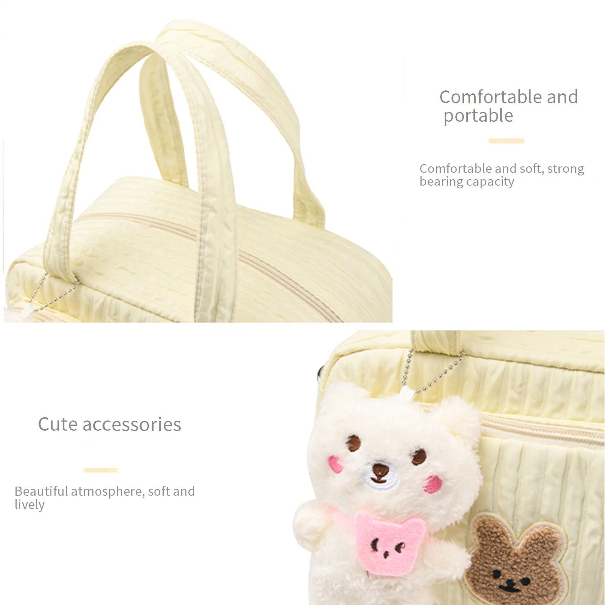 Beige baby carrier with Kawaii plush toy attachment on a white background