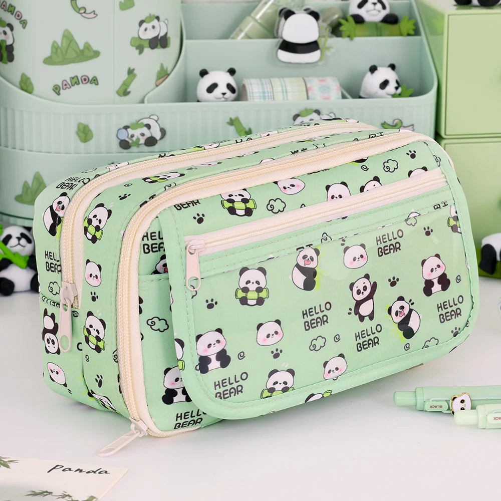 Green cosmetic bag with kawaii panda pattern on a white background