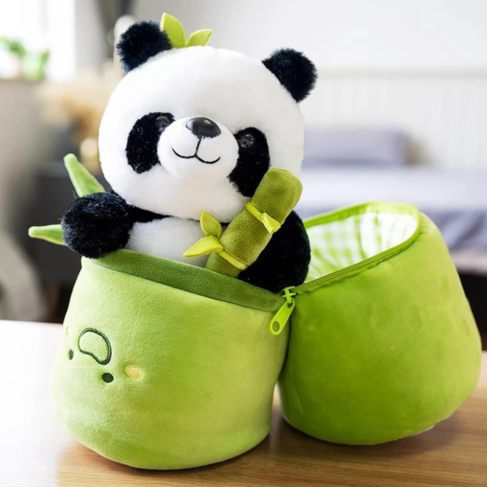 Plush kawaii panda toy with green bamboo in a green bag on a wooden surface.