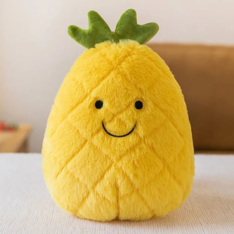 Kawaii plush toy shaped like a pineapple with a smiling face on a neutral background
