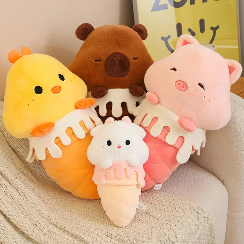 Set of cute kawaii plush toys shaped like animals with ice cream cones on a beige surface.