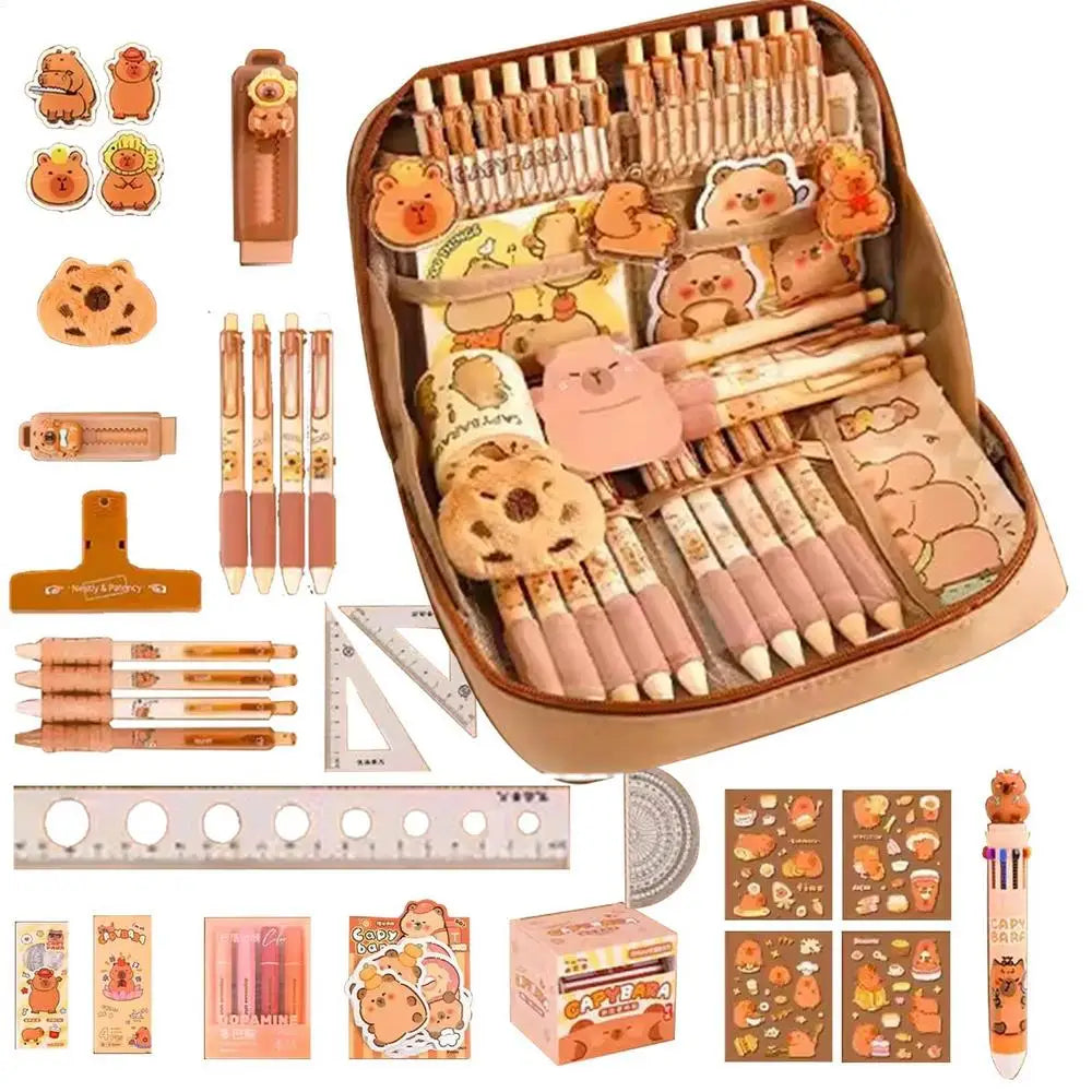 Stationery set with kawaii cute animal-themed items including pens, erasers, and rulers on a white background.