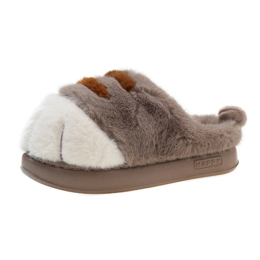 Plush kawaii slippers with brown, white, and gray fur on a white background