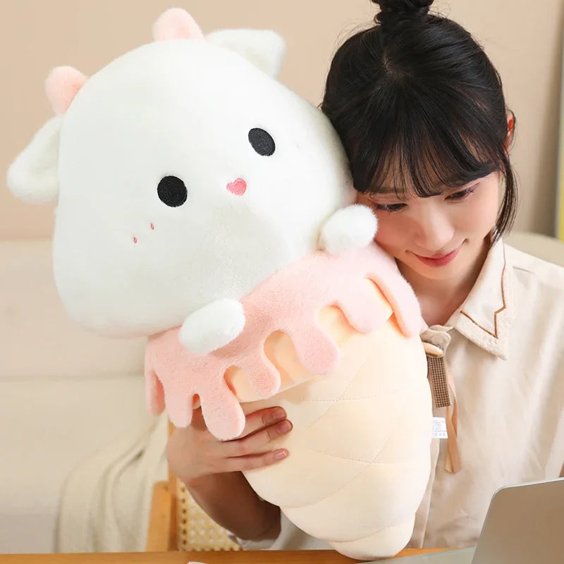 Person holding a large kawaii plush toy in a home setting