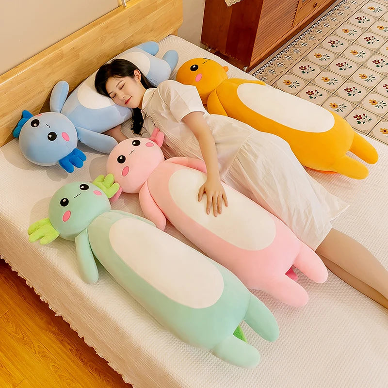 Woman lying on a bed with colorful animal-shaped kawaii cushions.