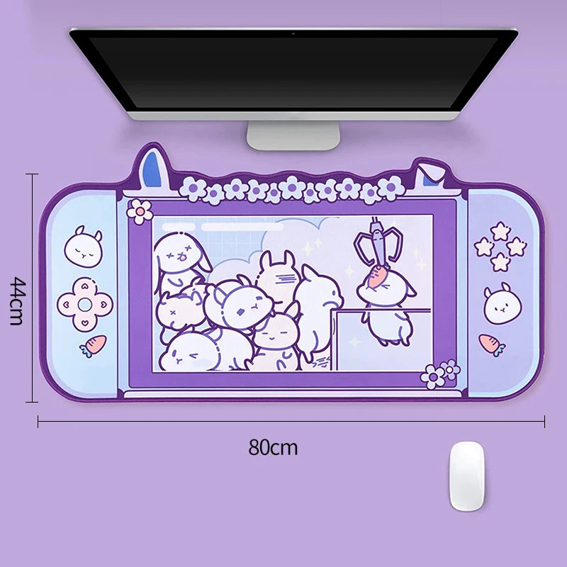 Purple Kawaii cartoon-themed mouse pad with a screen and measurements on a purple background