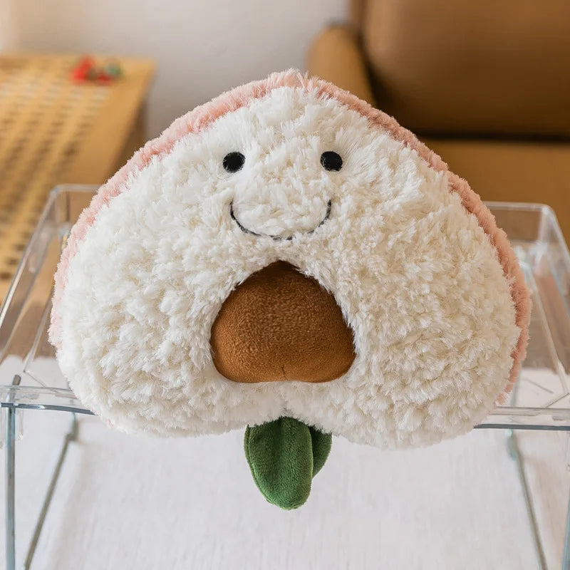 Kawaii plush toy shaped like a cloud with a smiling face on a transparent stand.