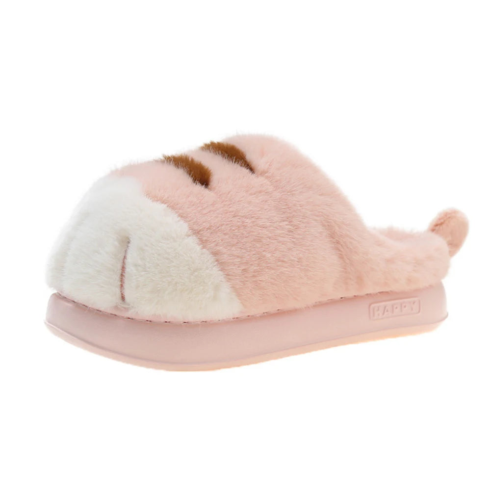 Pink and white kawaii slippers with a fuzzy texture on a white background