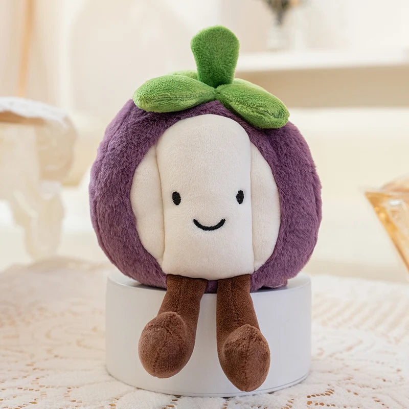 Plush kawaii toy resembling an eggplant with a smiling face on a white surface.