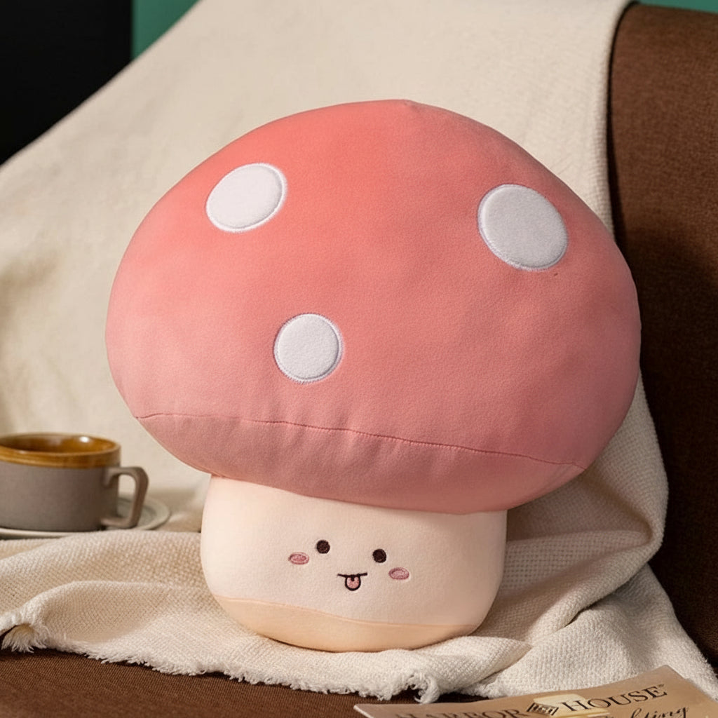 Pink mushroom-shaped kawaii plush toy on a blanket with a cup in the background