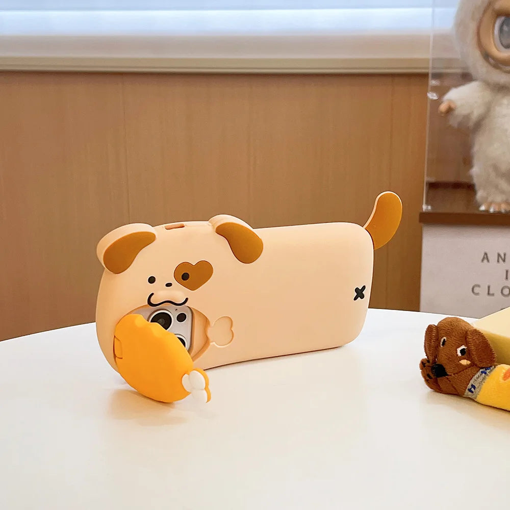 Cute kawaii dog-shaped container with a small dog plush toy on a white surface.