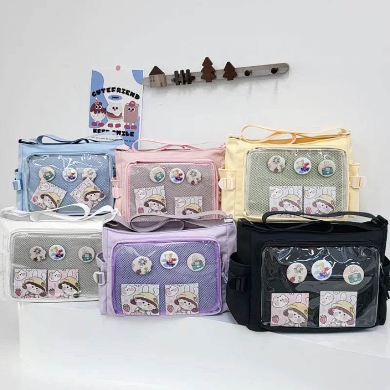 Set of colorful pouches with cartoon character Kawaii designs on a white background