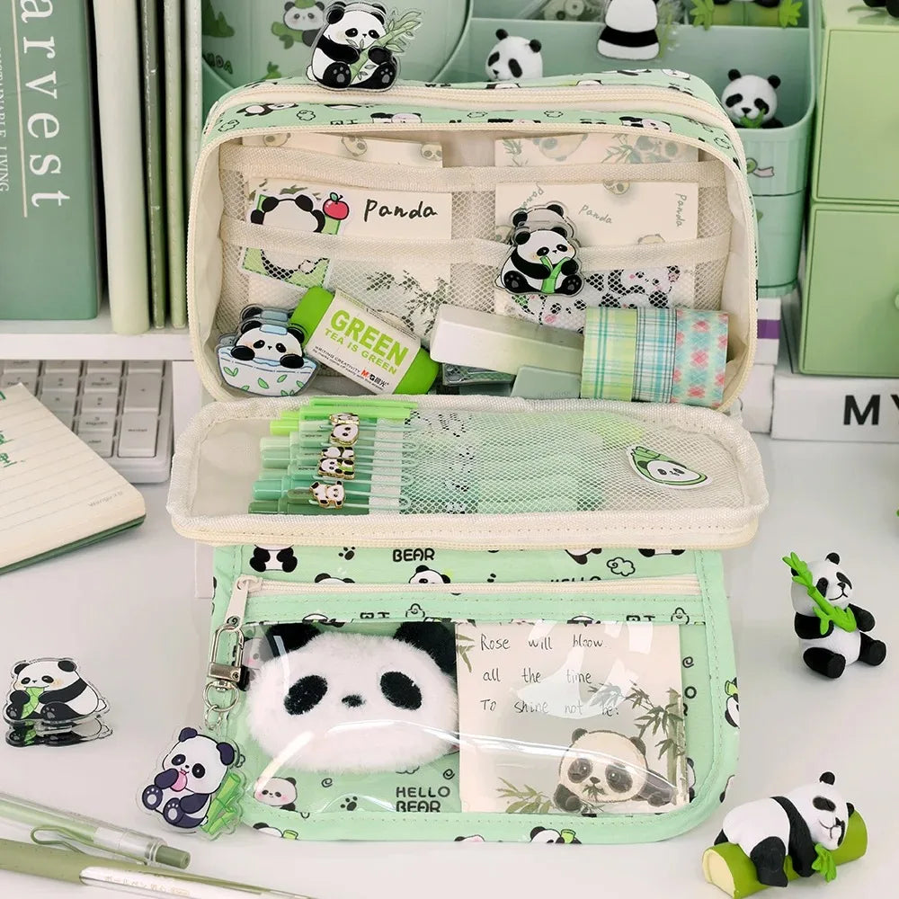 Pencil case with kawaii panda design on a desk with stationery items
